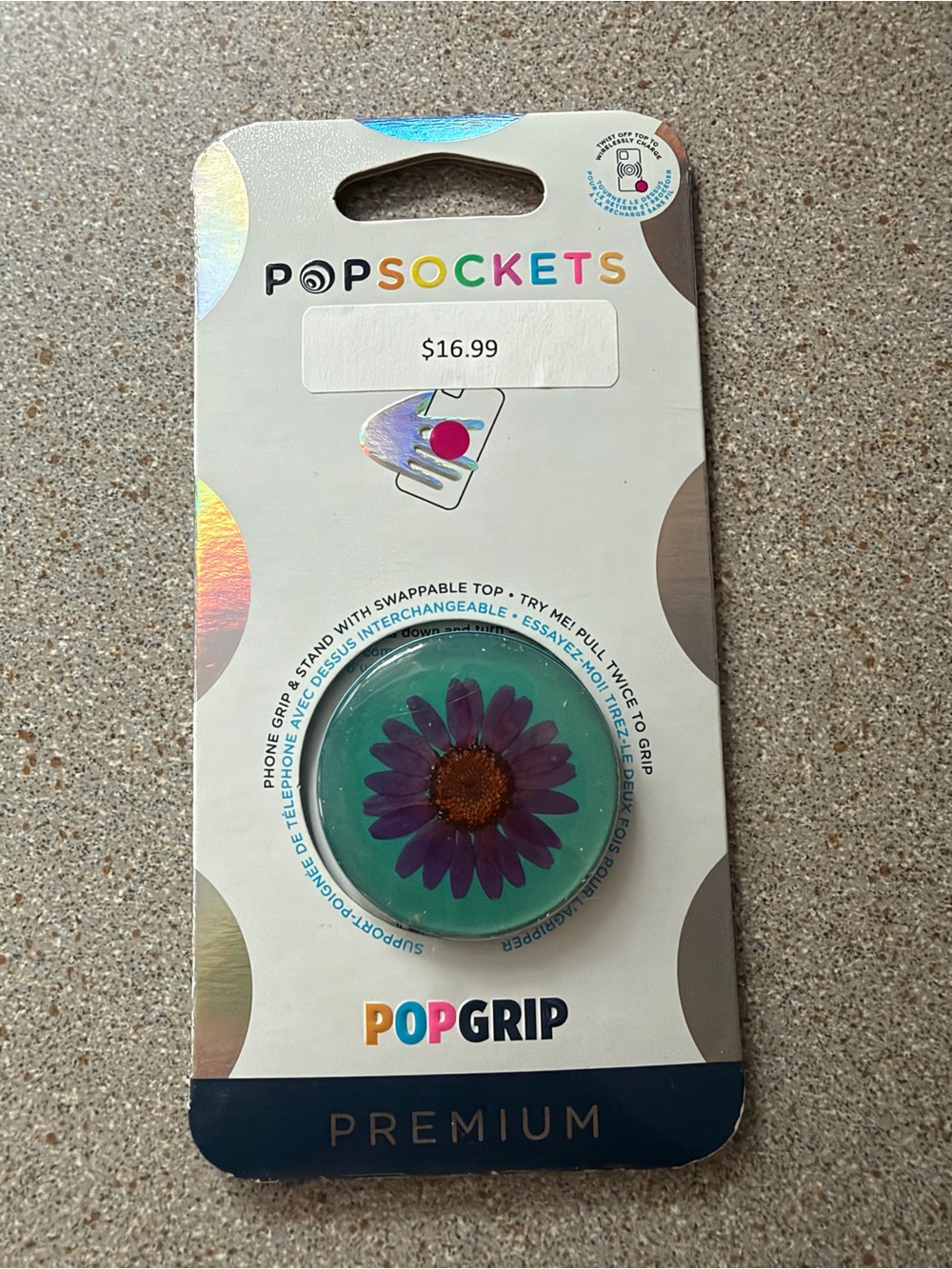 PopSocket PopGrip Premium Teal Top with Purple Daisy